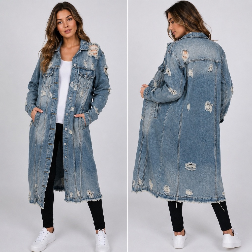 Carole Christian Distressed Longline Denim Jacket Light Wash Blue Small